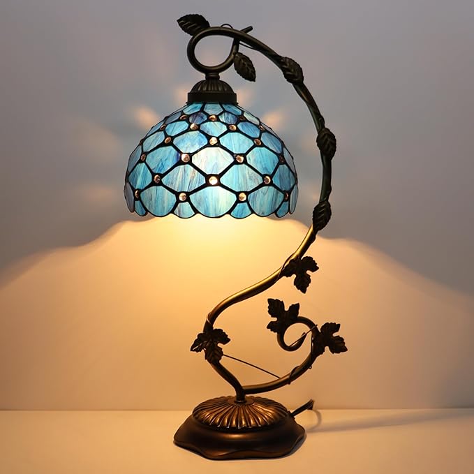 Tiffany Table Lamp, Stained Glass Desk Reading Light,Metal Leaf Table Lamp Base 8X10X21 Inches (Blue Beads)