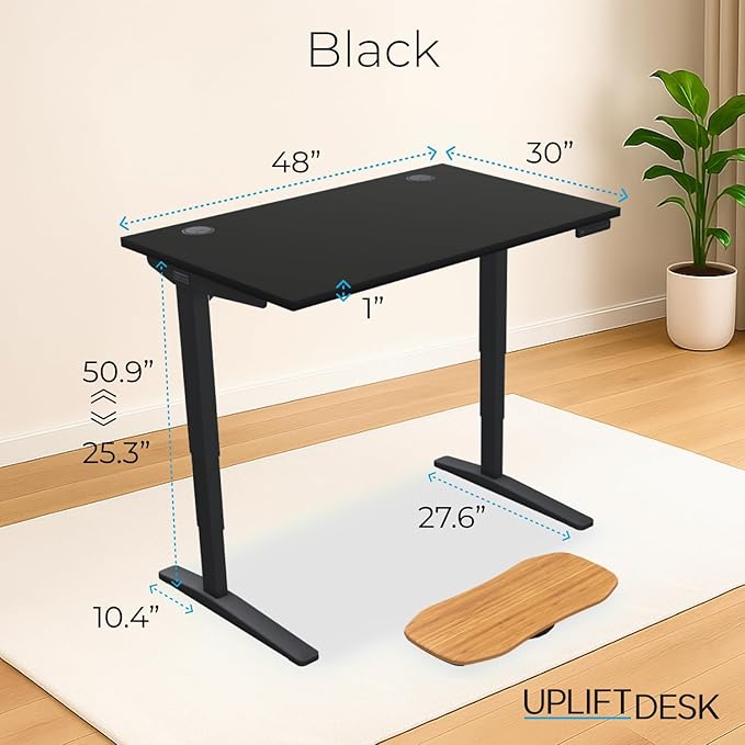 UPLIFTDESK V2 2-Leg Black Laminate Wood Standing Desk – Adjustable Height, Advanced 1-Touch Memory Keypad, Under Desk Cable Management, Wire Grommets & Rocker Board (Black C-Frame, 48 x 30 inch)