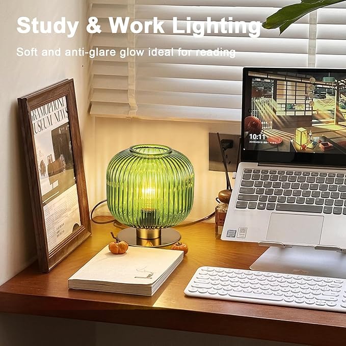 Green Table Lamp Glass Globe Table Lamp Mid Century Modern Small Bedside Lamp Gold Nightstand Lamp Vintage Decorative Brass Desk Lamp for Bedroom Living Room Study Corner Bookshelf (Set of 2)