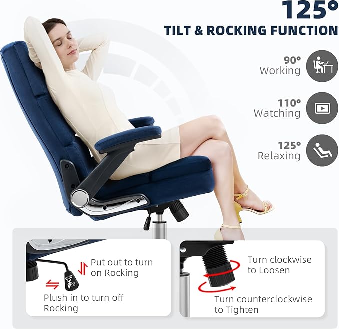 SEATZONE High Back Office Chair,Ergonomic Executive Desk Chair with Wheels,Comfy Velvet Computer Chair for Home Office,Navy Blue