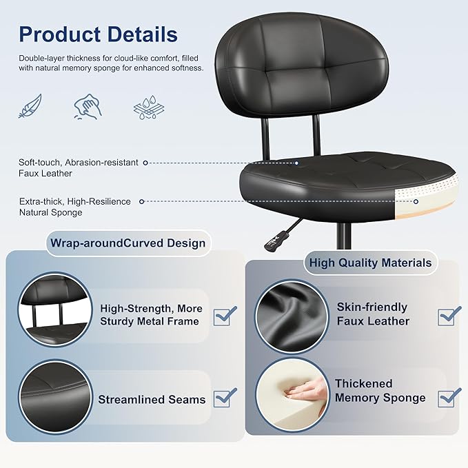 Misolant Vanity Chair with back, Small Armless Cute office Chair with wheels and Lumbar support, Comfy PU Leather Desk Computer Chairs with Adjustable Height, 360°Swivel for Home Bedroom Office, Black