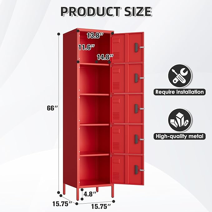 Metal Locker with Lock and Ventilation Holes,Metal Storage Locker with Business Card Slof for Home,Gym,Garage,School,Office,15.8" D x 15.8" W x 66" H Assembly Required,Red