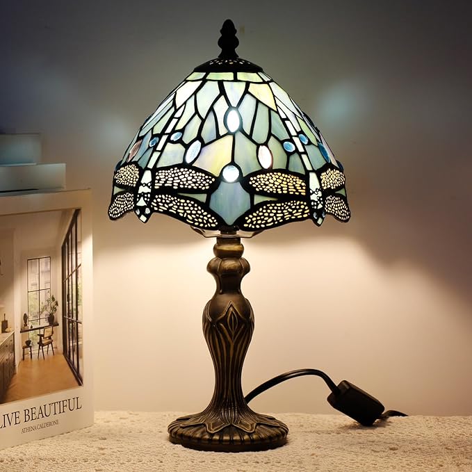 Small Tiffany Lamp Stained Glass Table Lamp Mini Desk Accent Light for Bedroom Bedside Reading Home Antique Style Decor 8X15 Inches (Blue Dragonfly)