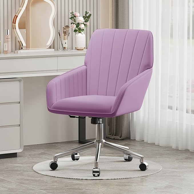 YISHENG Velvet Office Desk Chair with Silver Base, with Wheels,Modern Height Adjustable 360 Degree Swivel Upholstered Vanity Chairs with Arms for Living Room Bedroom,Light Purple