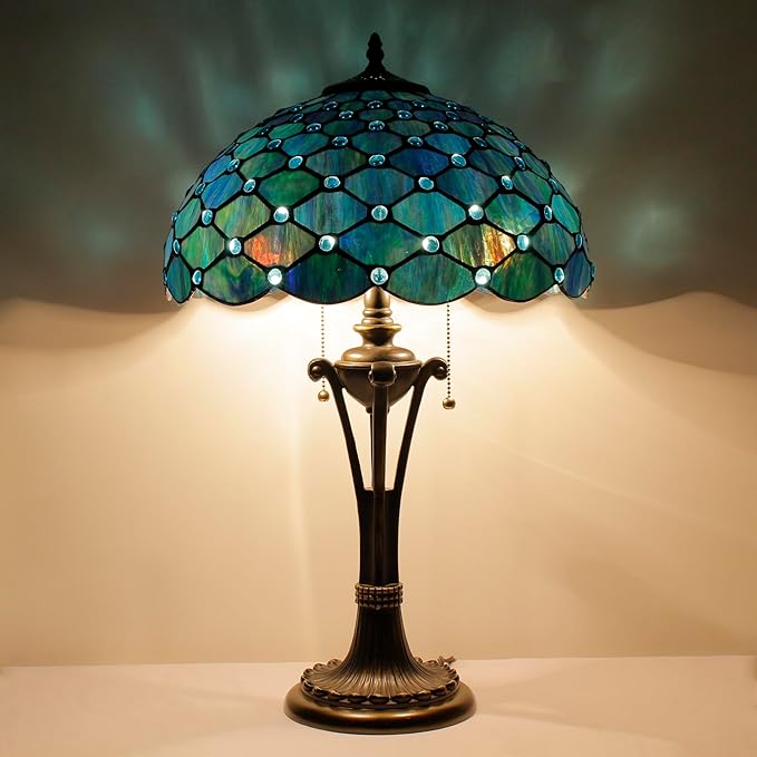 Tiffany Table Lamp Sea Blue Pearl Stained Glass Desk Lamp 16X16X24 Inches Reading Light