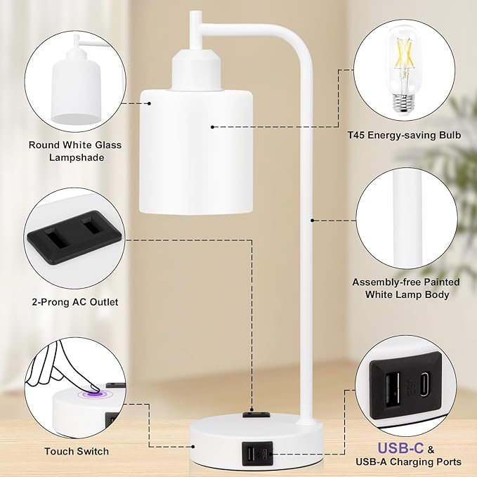 Innqoo Industrial White Table Lamps for Bedrooms Set of 2-3-Way Dimmable Desk Lamp with USB C+A Ports and Outlet, White Lamps with Opal Glass Shade for Living Room