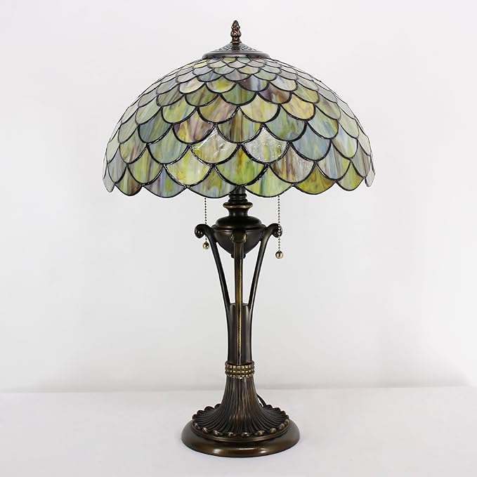 Tiffany Table Lamp Yellow Green Stained Glass Desk Lamp 16X16X24 Inches Fish Scales Style Reading Light