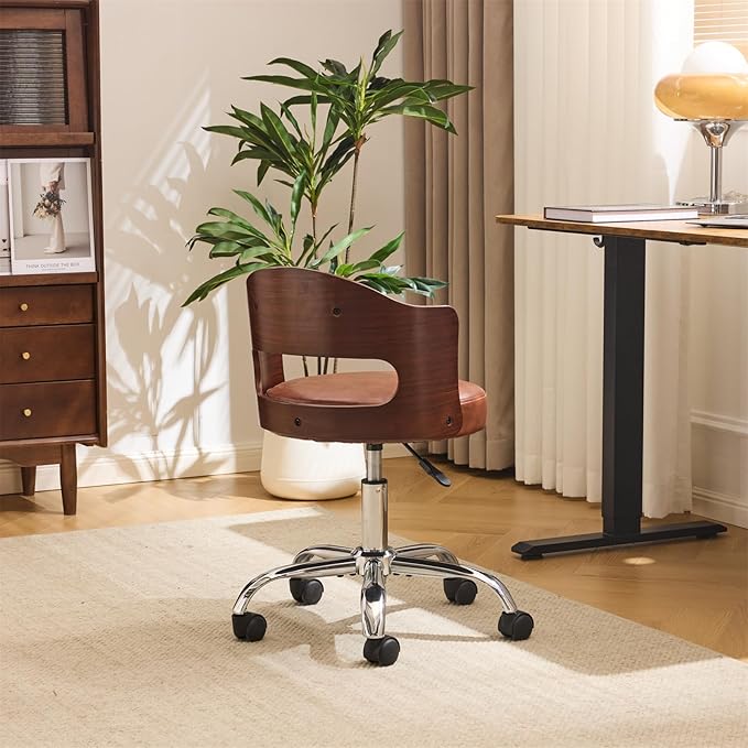 VINGLI Armless Home Office Desk Chair, Adjustable Swivel Chair,Dual-Use with/no Wheels,Small Retro Designed Walnut Curved Task Chair,Cushioned Nail Tech Chair for Study Area,Workspace,PU,Brown