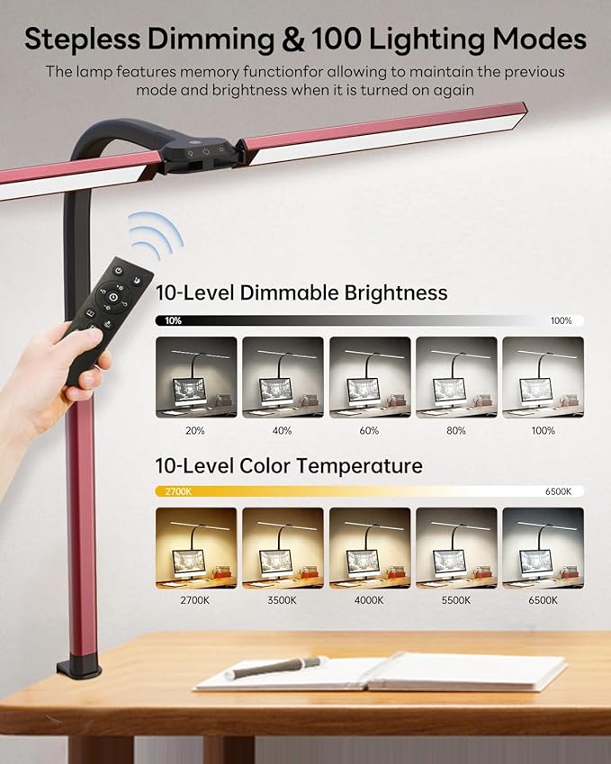 LED Desk Lamp for Home Office, Eye-Caring Desk Light with Clamp, Stepless Dimming 24W Double Head Architect Task Lamp with Remote Control, Flexible Gooseneck for Working Studying Reading Drafting(RED)