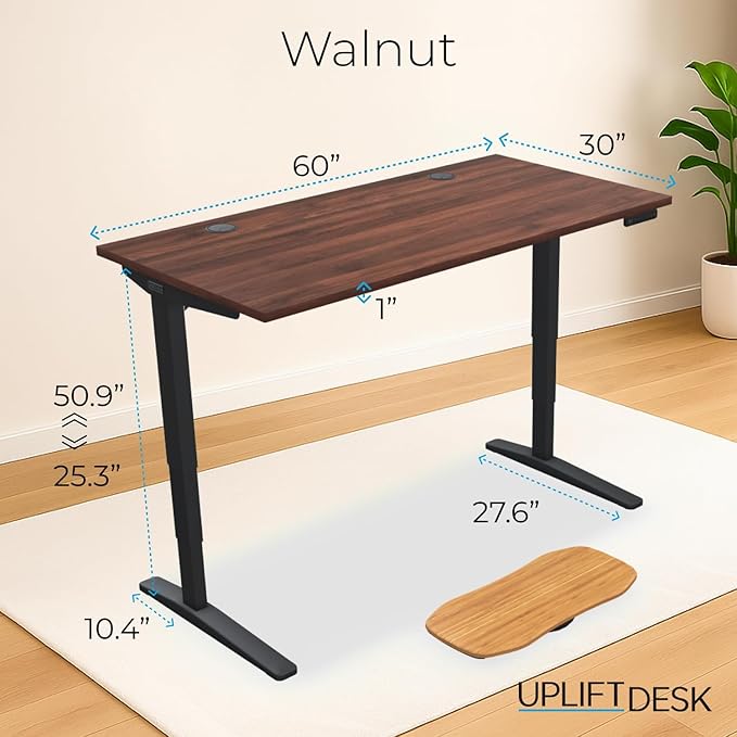 UPLIFTDESK V2 2-Leg Walnut Laminate Wood Standing Desk – Adjustable Height, Advanced 1-Touch Memory Keypad, Under Desk Cable Management, Wire Grommets & Rocker Board (Black C-Frame, 60 x 30 inch)