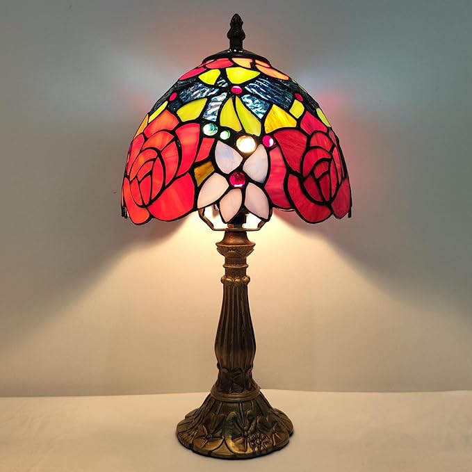 Small Tiffany Table Lamp 8 Inch Tiffany Style Desk Lamp Stained Glass Antique Light Decoration Bedroom Bedside Lamp Retro Reading Lamps (Red Roses Flowers Style)