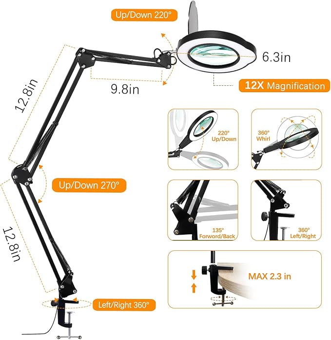 Ultra Long 12X Magnifying Glass with Light and Stand|Magnifying Lamp with 3-Section Swing Arm,5 Color Modes LED Lighted Magnifier Lamp for Workbench/Craf
