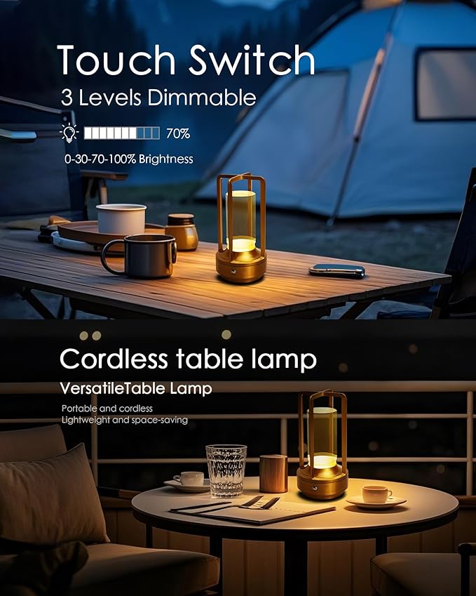 Set of 2 Cordless Table Lamps, LED Rechargeable Battery Operated Desk Lamps with 3 Color Stepless Dimmable, Small Light Portable for Outdoor Patio Bar Restaurants Bedroom Bedside (Gold)