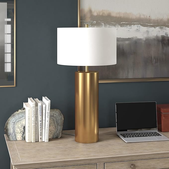 Henn&Hart 29.5'' Mid-Century Modern 1-Light Table Lamp with White Fabric Drum Shade for Living Room, Bedroom, or Office, Brass