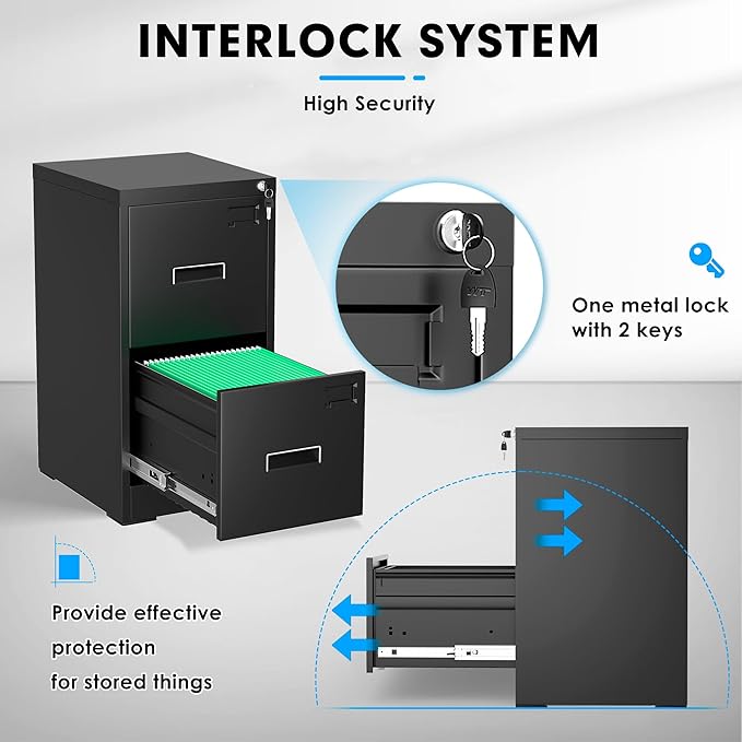 Greenvelly 2 Drawer File Cabinet with Lock, Black Metal Vertical Filing Cabinet for Home Office Fit Legal/Letter/A4/F4 Size with Hanging Bars&Key