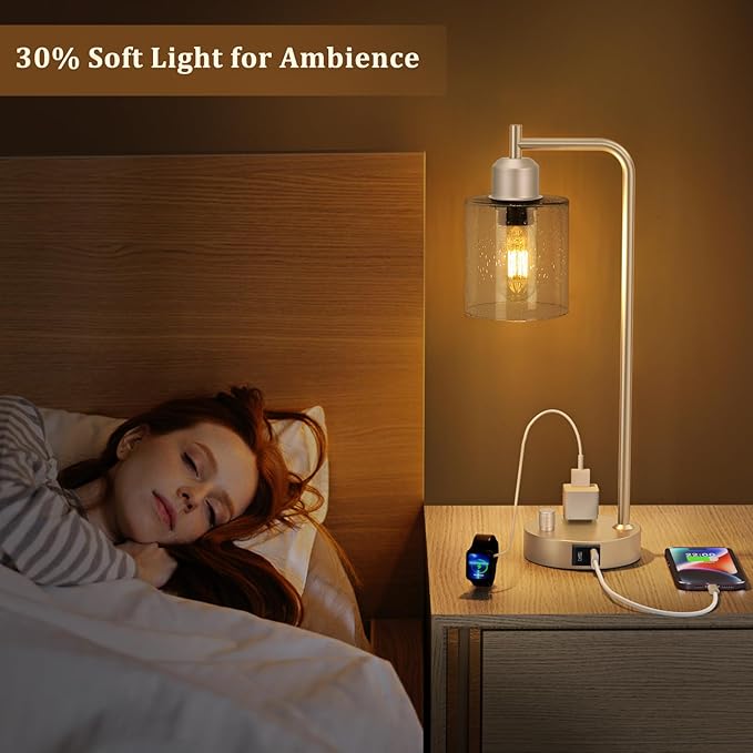 Innqoo Champagne Gold Industrial Bedside Table Lamp for Bedroom - Nightstand Lamps with USB C Charging Port, Fully Dimmable Black Ports and Outlets, Small Desk Glass Shade Office Living Room