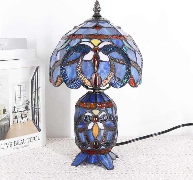 Small Tiffany Lamp Stained Glass Table Lamp Mini Mother Daughter Vase Desk Accent Night Light for Bedroom Bedside Reading Home Antique Style 8X14 Inches (Blue Purple)
