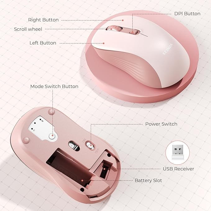 seenda Wireless Mouse, Bluetooth & 2.4G USB Dual Mode for Laptops & Computers - Mac & Windows Compatible - Pink