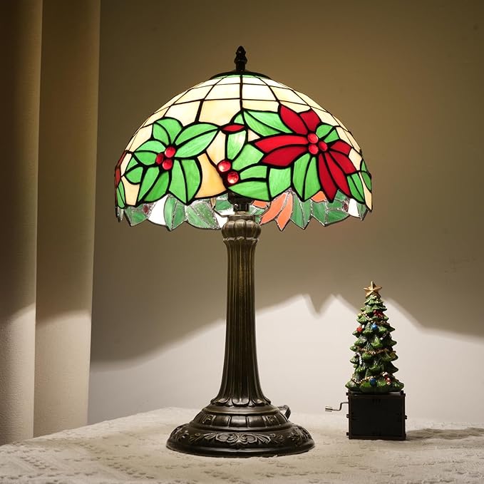 Tiffany Lamp Stained Glass Table Lamp 12 Inch Green Red Christmas Flower Warm Color Reading Lamp Suitable Shops Dormitories Home and Office Decoration Tiffany Style Retro Holiday Home Decoration Gift