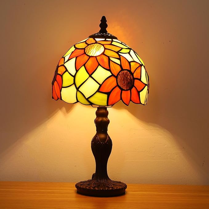 Tiffany Small Table Lamp Sunflower 3-Way Color Temperatures Stained Glass Table Lamps for Living Room Bedroom Bedside Nightstand Night Light Home Office Desk Lamp W/LED Bulb 8X8X15Inch
