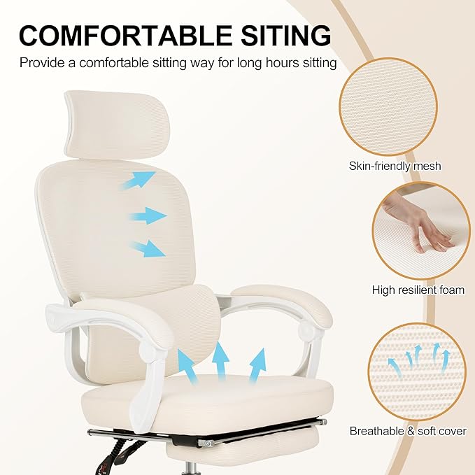 Ergonomic Office Chair with Footrest,90-135 Comfy Reclining Chairs,Home Office Desk Chair with Adjustable Lumbar Support & Headrest,Mesh High Back Computer Executive Chair (Beige)