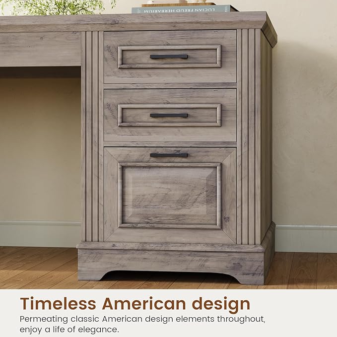 Itaar Farmhouse L Shaped Desk, Executive Computer Desk with Drawers and Storage Cabinet, Home Office Desk with File Drawer and Power Outlet, Corner Desk, Workstation for Office Home, Grey