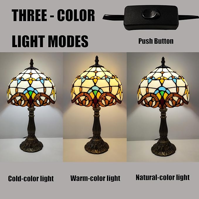 Small Tiffany Table Lamp 8 Inch Tiffany Style Desk Lamp Stained Glass Antique Light Decoration Bedroom Bedside Lamp Retro Reading Lamps (Beige Baroque Style)