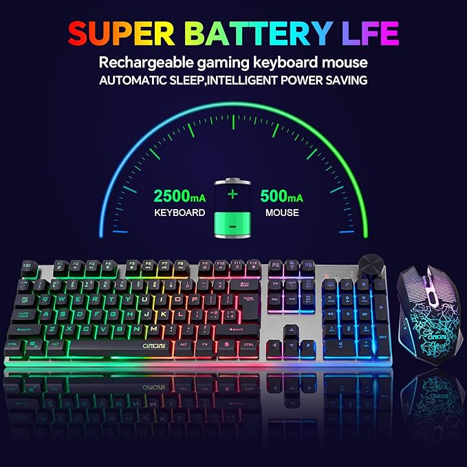 Wireless Gaming Keyboard with knob and Mouse Combo USB Dongle 2.4G Rechargeable 3000mAH Battery RGB Backlit Stainless Panel 4200DPI Side Button Mice for PC Laptop Compatible with Windows 8/9/10 MacOS