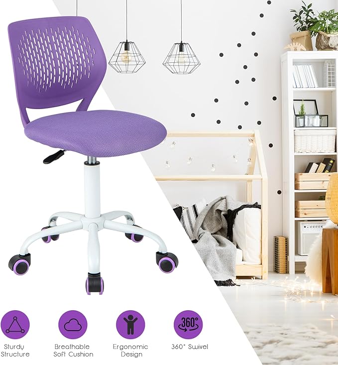 POWERSTONE Small Desk Chair with Wheels Home Office Chair Mid Back Armless Computer Task Chair Adjustable Swivel Rolling Chair for Small Space Purple