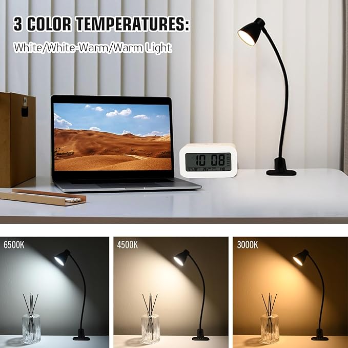 Clamp Desk Lamp, Clip on Reading Light, 3000K-6500K Adjustable Color Temperature, Multiple Illumination Modes, CRI>90, 6Watts (Adapter Not Included)
