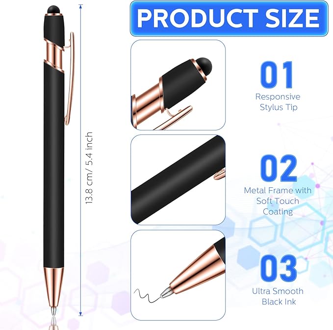 Tenare 12 Pieces 2 in 1 Stylus Metal Ballpoint Pen with Stylus Tip, 1.0 mm Black Ink Ballpoint Pen for Touch Screens(Black and Rose Gold)