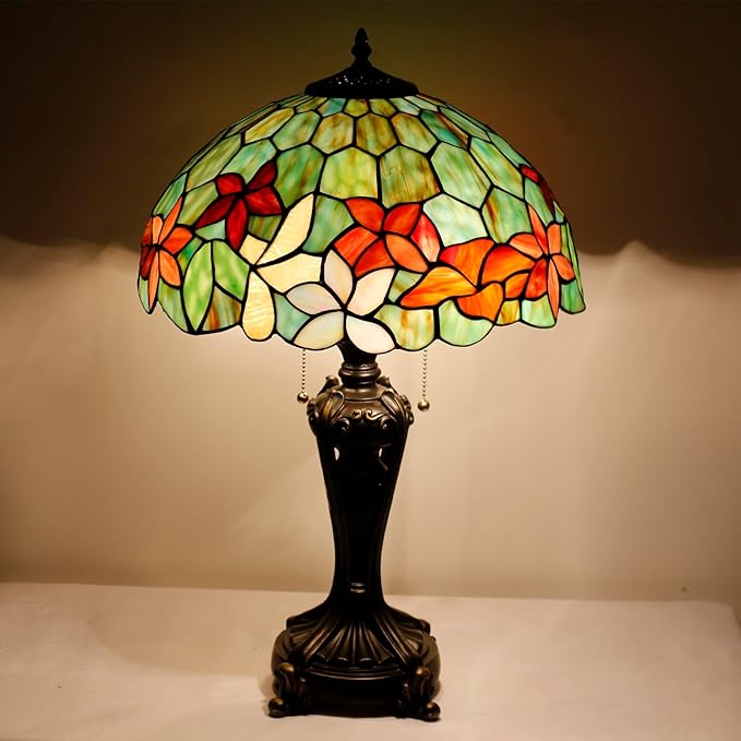 Tiffany Stained Glass Table Lamp 16X16X24 Inch Green Red Flowers Style Desk Bedroom Living Room Antique Reading Light (Red Flowers)