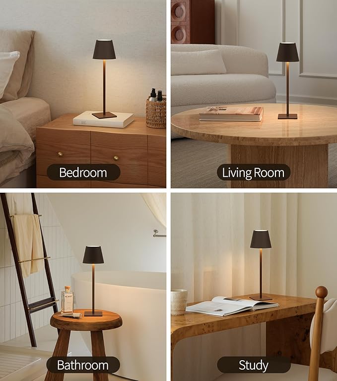 UME 3 Pack Cordless Table Lamp, Battery Operated Lamp - Portable Waterproof Rechargeable Table Lamp w/ 3 Color Temps & Stepless Dimming for Dinner, Desk, Cafe, Outdoor (Matte Brown)