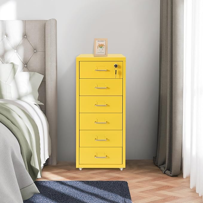 DYRABREST 6 Drawers Rolling File Cabinet, Metal Filing Cabinets with Lock, 27 inch H Vertical Filing Cabinet Under Desk for Home Office, Heavy Duty Metal Storage Cabinet for A4/Letter/Legal Size File