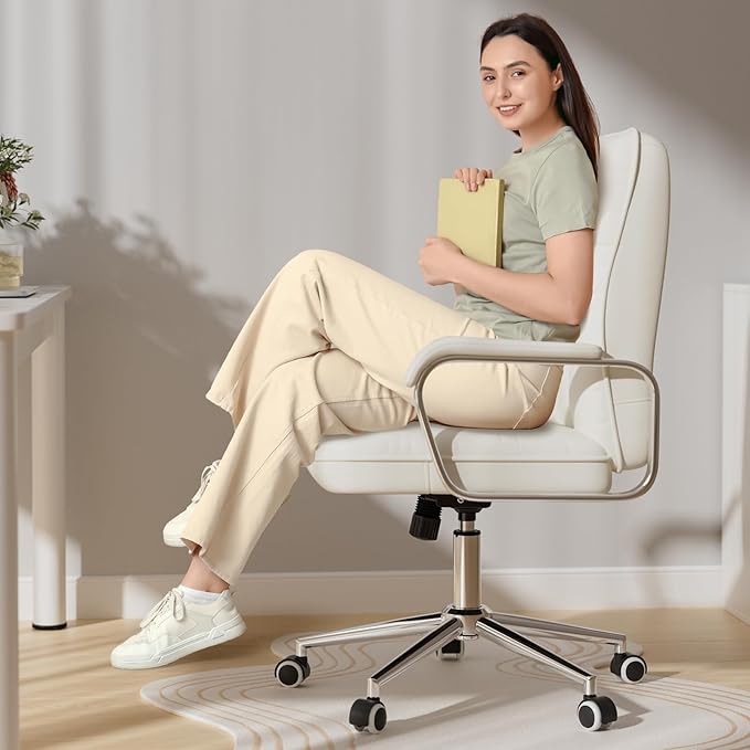 White Office Chair with Soft Leather, Swivel Computer Home Office Desk Chair with Wheels and Padded Arms, Adjustable Height and Tilt
