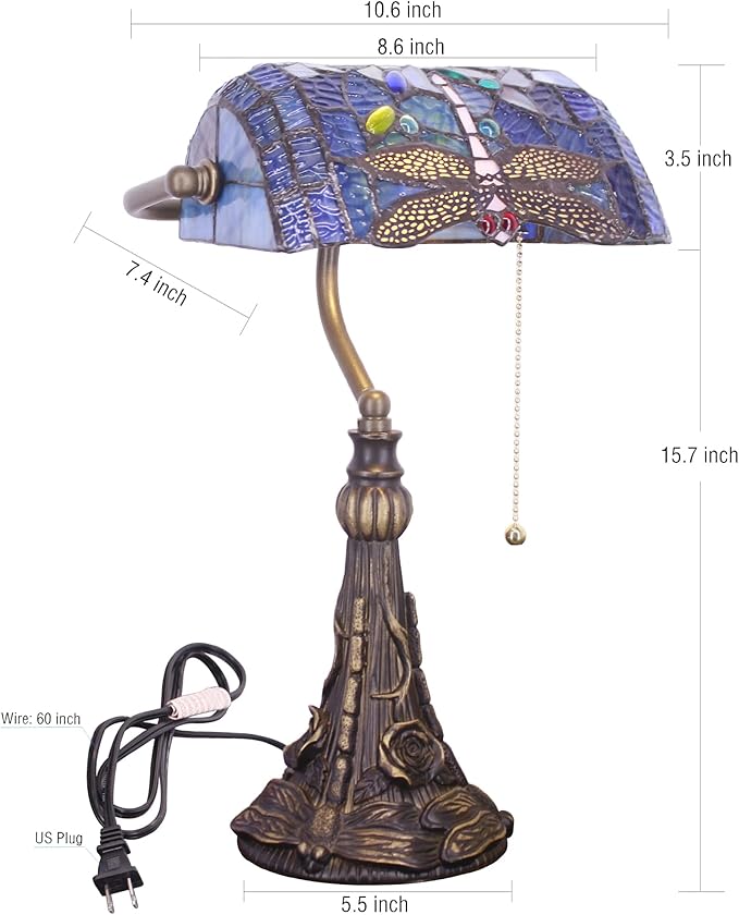 Tiffany Banker Lamp Small Stained Glass Table Lamp Tiffany Style Piano Light Blue Dragonfly Style Desk Lamp Angle Adjustable 10.6X15.7Inch for Home Office Living Room Bedroom