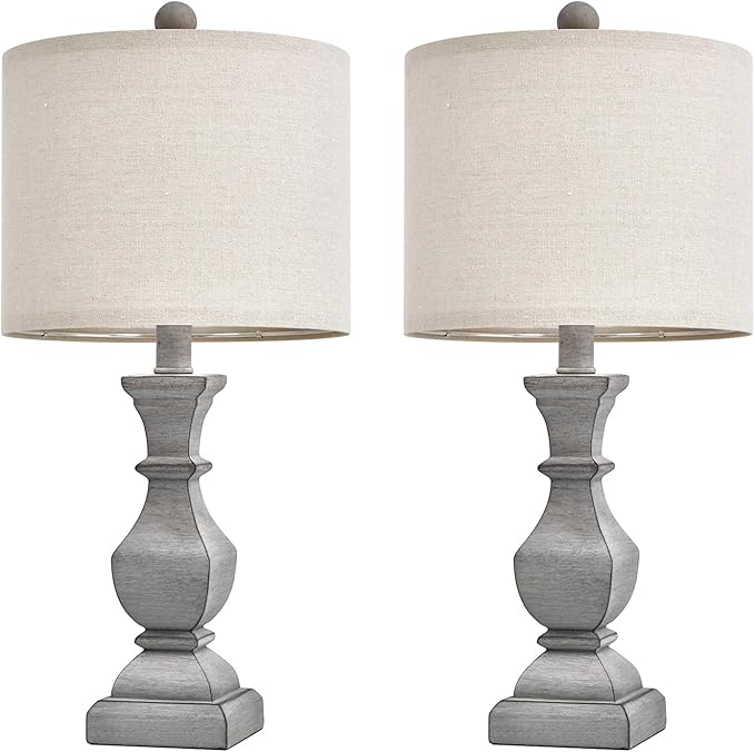 PoKat 20.5'' Table Lamps Set of 2, Vintage Bedside Lamps for Bedroom, Farmhouse Lamp for Living Room, Small Lamp for Nightstand, Retro Side Table Lamp, Grey