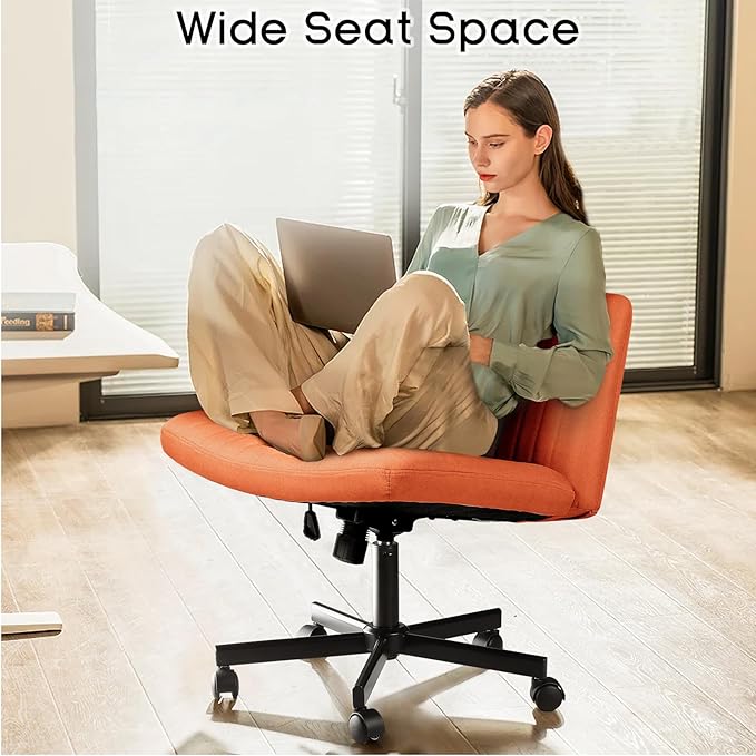 PUKAMI Criss Cross Chair with Wheels,Fabric Padded Armless Cross Legged Office Desk Chair for Home Office,Modern Swivel Height Adjustable Wide Seat,Brown