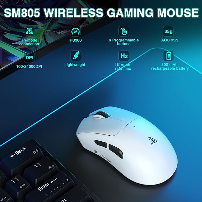 SOLAKAKA SM805 Lightweight Wireless Gaming Mouse,24000 DPI,Tri-Modes Connection,BT5.0/Type-C Wired/2.4G Wireless Mouse Gaming with 2 Side Buttons, Engineering Grip Custom Mouse for Gamer,White