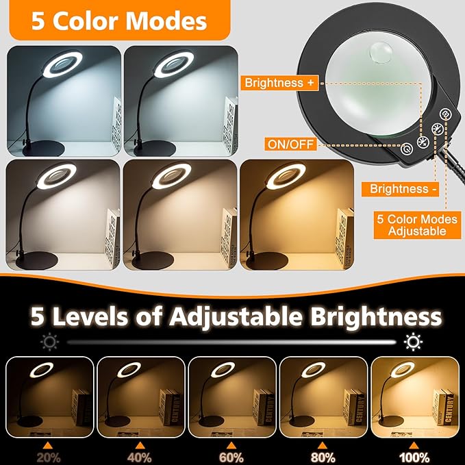 10X 15X Magnifying Glass with Light and Stand, 5 LED Color Modes Stepless Dimmable, Flexible Gooseneck Lighted Magnifying Glass with C-Clamp and Mental Base for Craft Close Work Sewing Reading