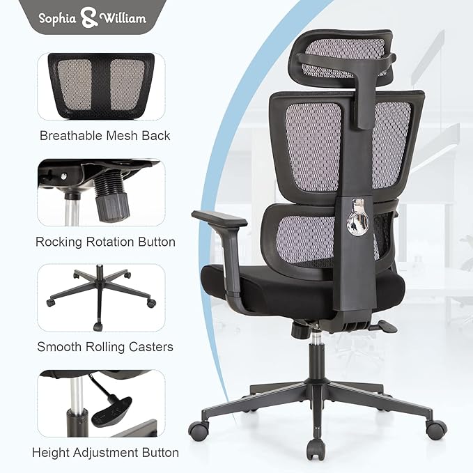 Sophia & William Ergonomic 3D Mesh Office Desk Chair High Back, 360° Swivel Rocking Executive Computer Chair with Height Adjustable Armrests, Lumbar Support and Headrest, Black, Load Capacity: 300 lbs