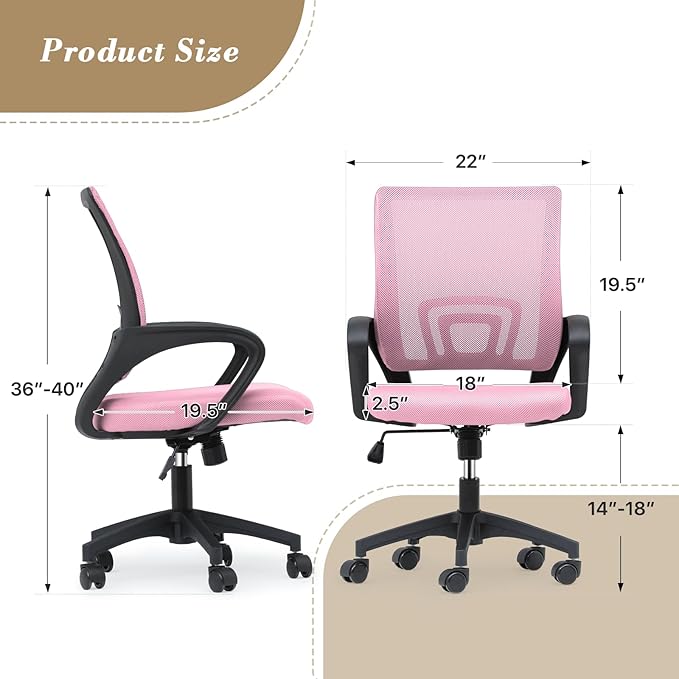 Athena Collection Computer Office Chair, Ergonomic Desk Chair with Rolling Wheels, Mesh Back Support and Height Adjustable, Small and Comfy for Home Office, Study, Pink