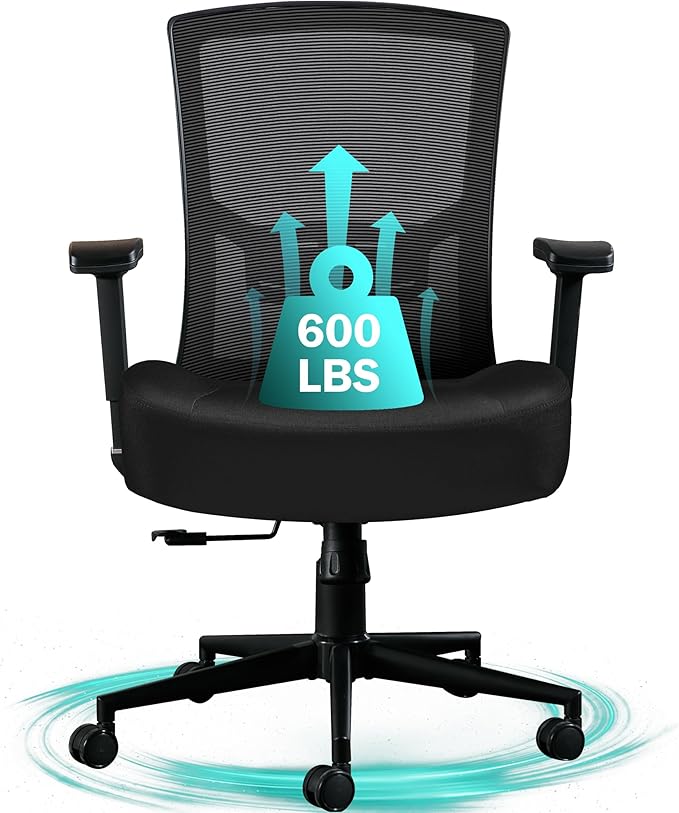 Big and Tall Office Chair 600lbs, Ergonomic High Back Computer Desk Chair for Heavy People with 2D Adjustable Waist Support and Heavy Duty Metal Base Mesh Chair