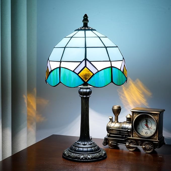 Sky Blue and White Lamp Small Tiffany Lamps Bedside Nightstand for Bedroom Dector Light Stained Glass Table Lamp Living Room Kitchen Night Lamp Farmhouse Cute 8 Inch Aesthetic Mediterranean Desk Lamps