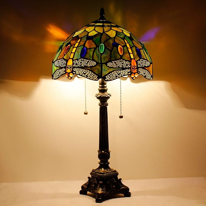 Tiffany Table Lamp Brown Yellow Stained Glass Desk Lamp 12X12X21 Inches Dragonfly Style Reading Light