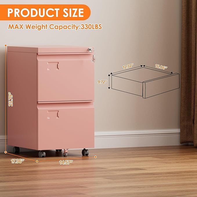 2 Drawers Metal File Cabinet with Lock, Under Desk Mobile Filing Storage Cabinet with Business Card Slot for Letter/Legal/F4/A4 Size Folders,Required Assembly,14.57"W x 17.36"D x 25.79"H,Pink