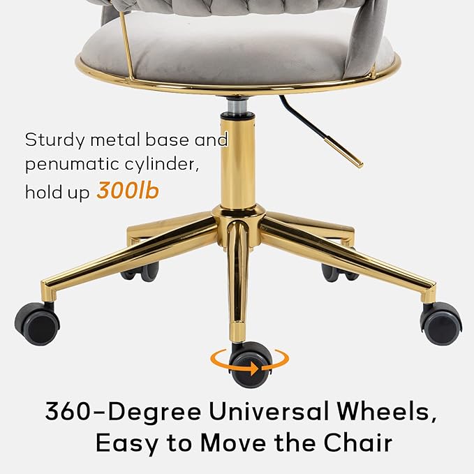 NIOIIKIT Velvet Office Desk Chair with Hand Woven Backrest, 360° Swivel & Height Adjustable Task Chairs, Makeup Chair, Living Room Chairs with Stainless Base and 5 Wheels (Grey)
