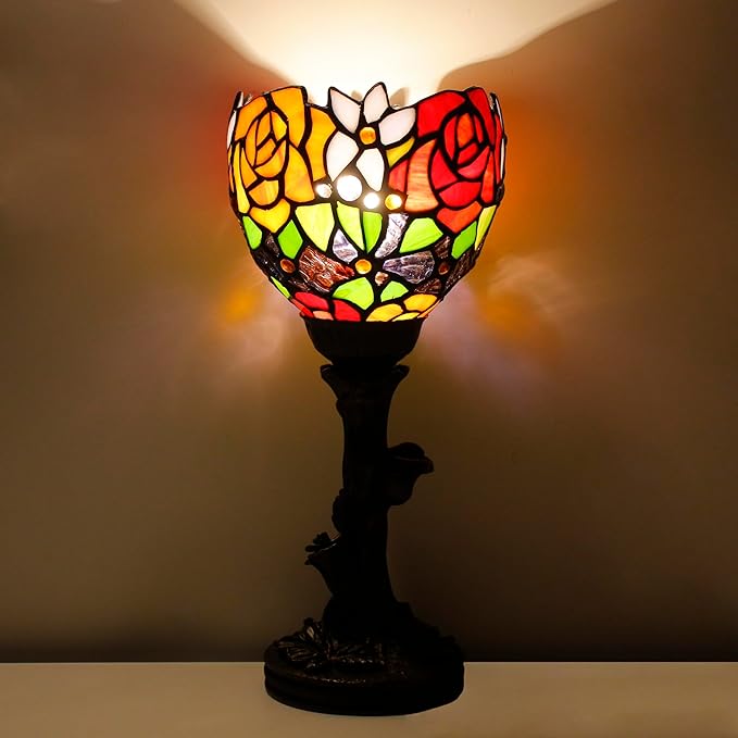 Small Tiffany Lamp Mini Stained Glass Table Lamp Red Rose Accent Desk Uplight W6H 13.5 Inch Bronze Resin Base