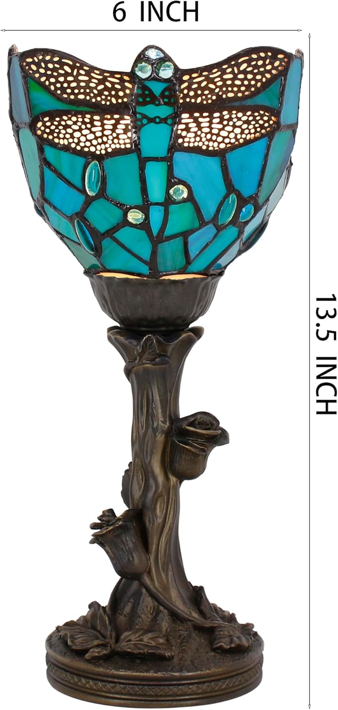 Small Tiffany Lamp Stained Glass Table Lamp Desk Uplight 6X6X13.5 Inch for Bedroom Bedside Office (Green Dragonfly)