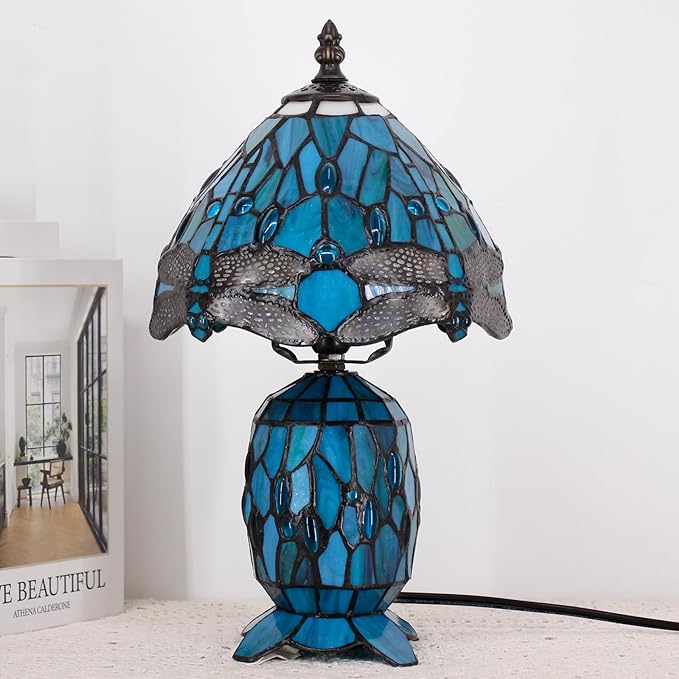 Small Tiffany Lamp Stained Glass Table Lamp Mini Mother Daughter Vase Desk Accent Light for Bedroom Bedside Reading Home Antique Style Decor 8X14 Inches (Green Dragonfly)